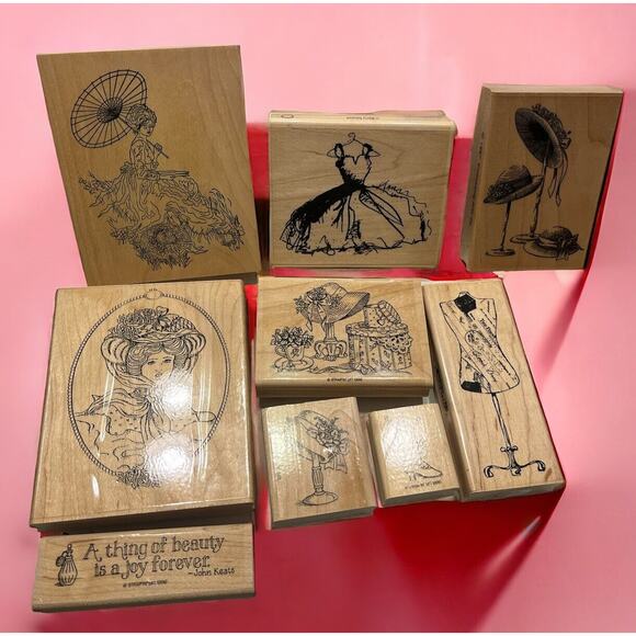 Set of 9 VICTORIAN VINTAGE RUBBER STAMPS WOOD Set FANCY HATS, WOMAN, DRESSES EUC - Picture 1 of 4